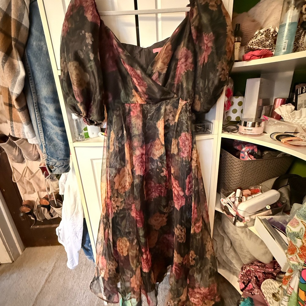 Flying Tomato Black and Pink Floral Midi Dress